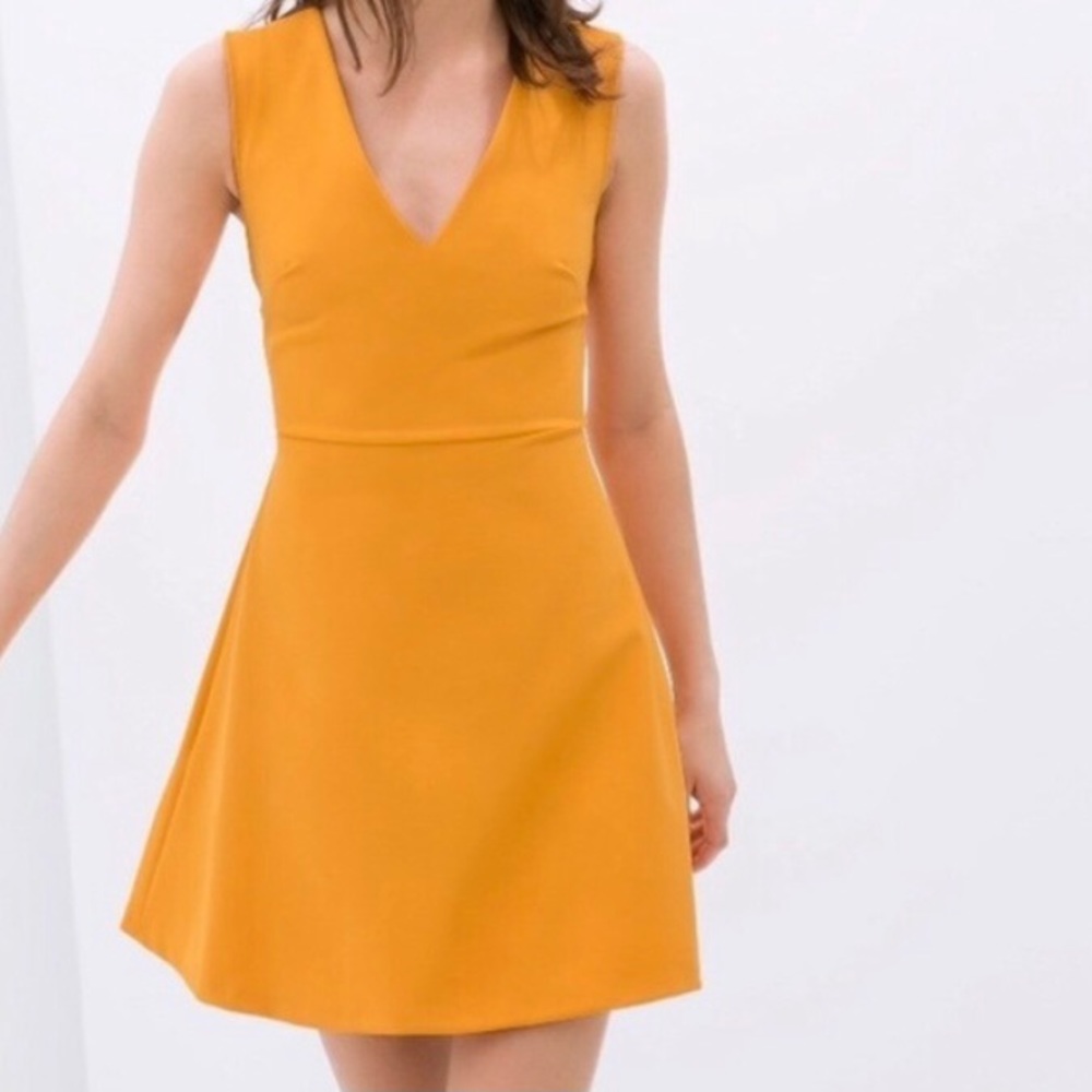 ZARA canary mustard yellow open back mini dress size XS